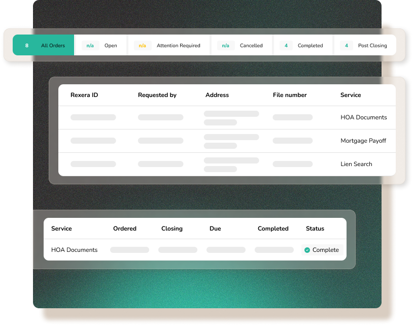 Rexera dashboard showing all HOA orders